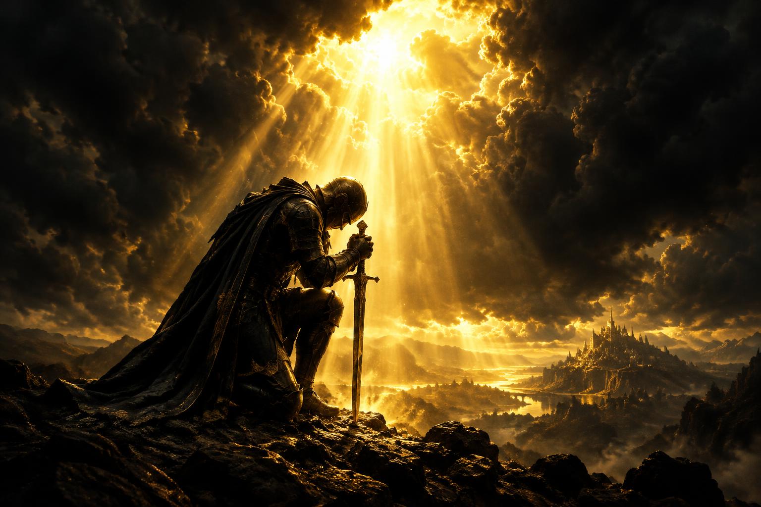 Soldier kneeling in golden light
